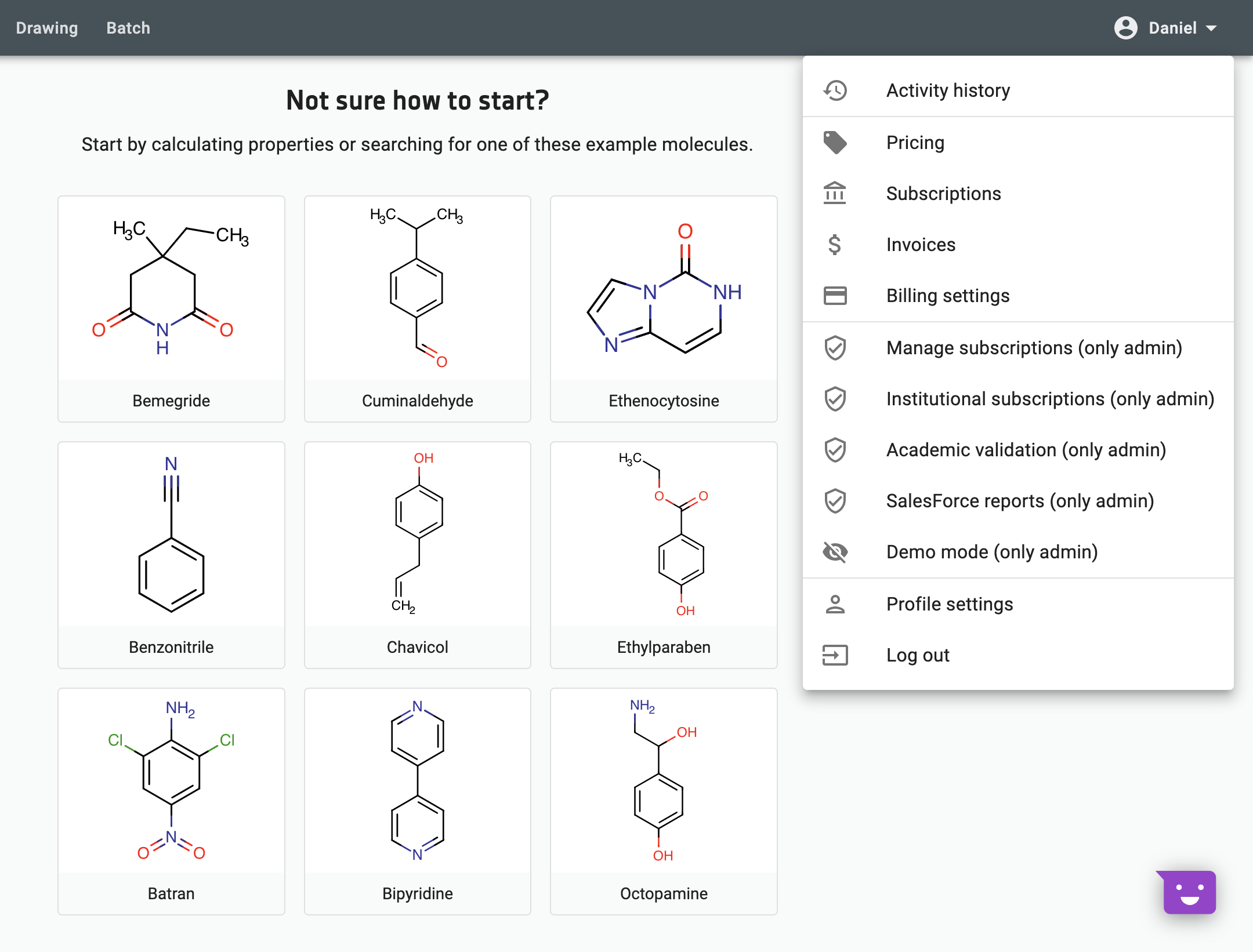 Chemicalize billing settings menu item