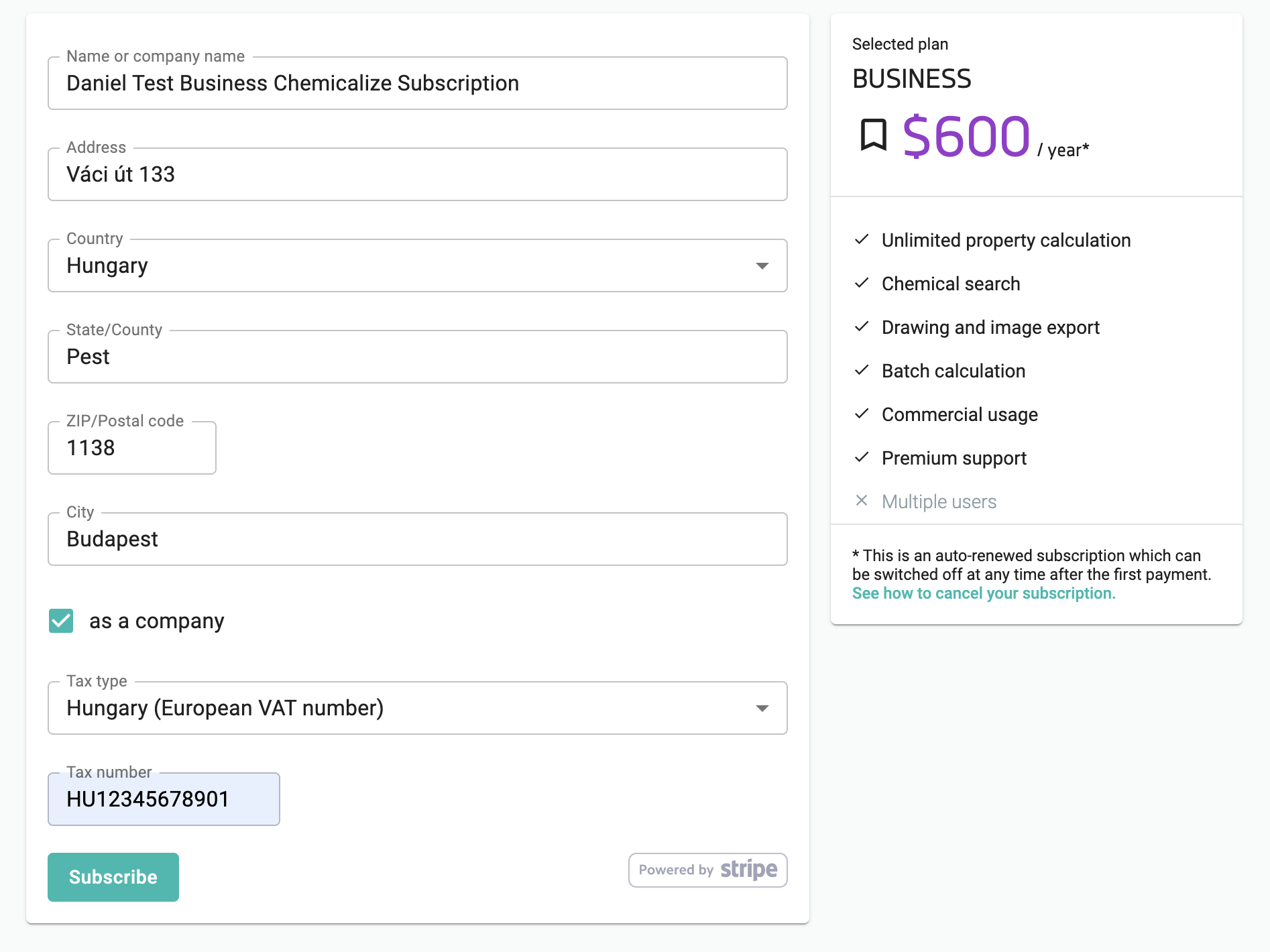 Chemicalize Billing Subscribe page