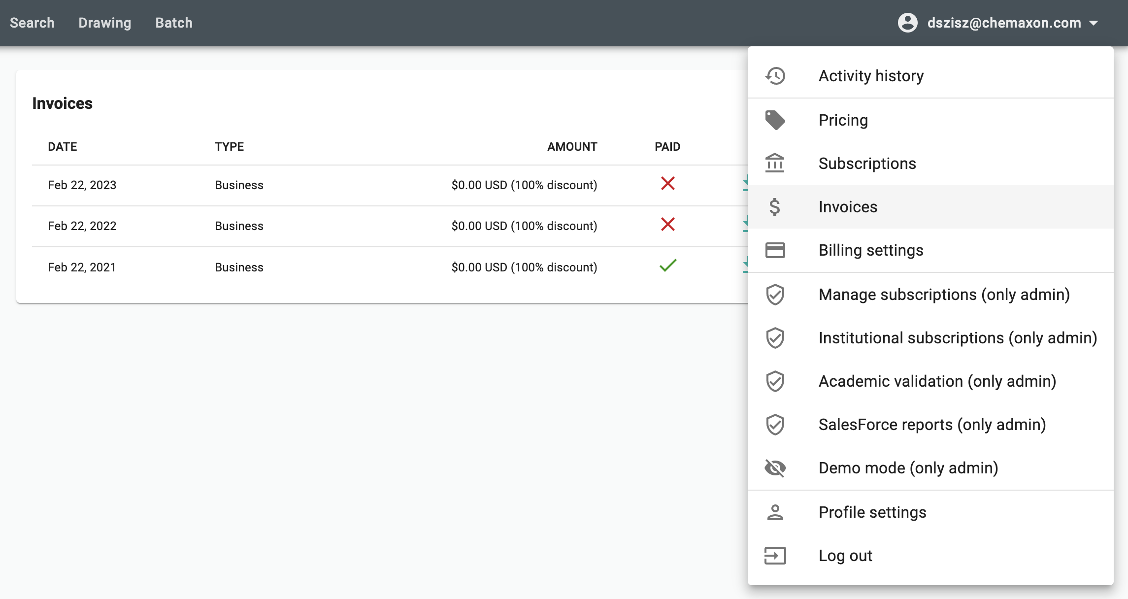 Chemicalize invoices page