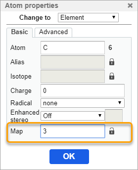 Map field of the atom properties dialog