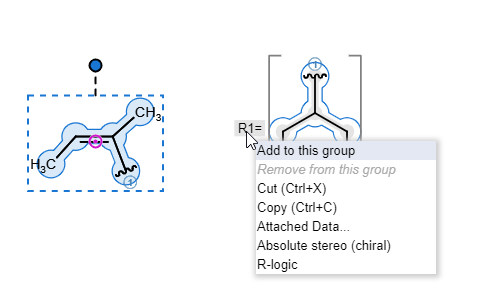 R-group label context menu invoked when a structure is selected