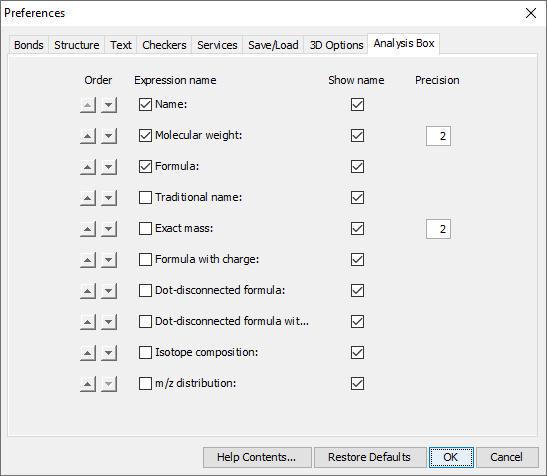 The analysis box tab of the preferences dialog