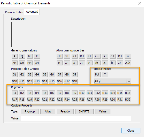 Special nodes and R-groups on the advanced tab